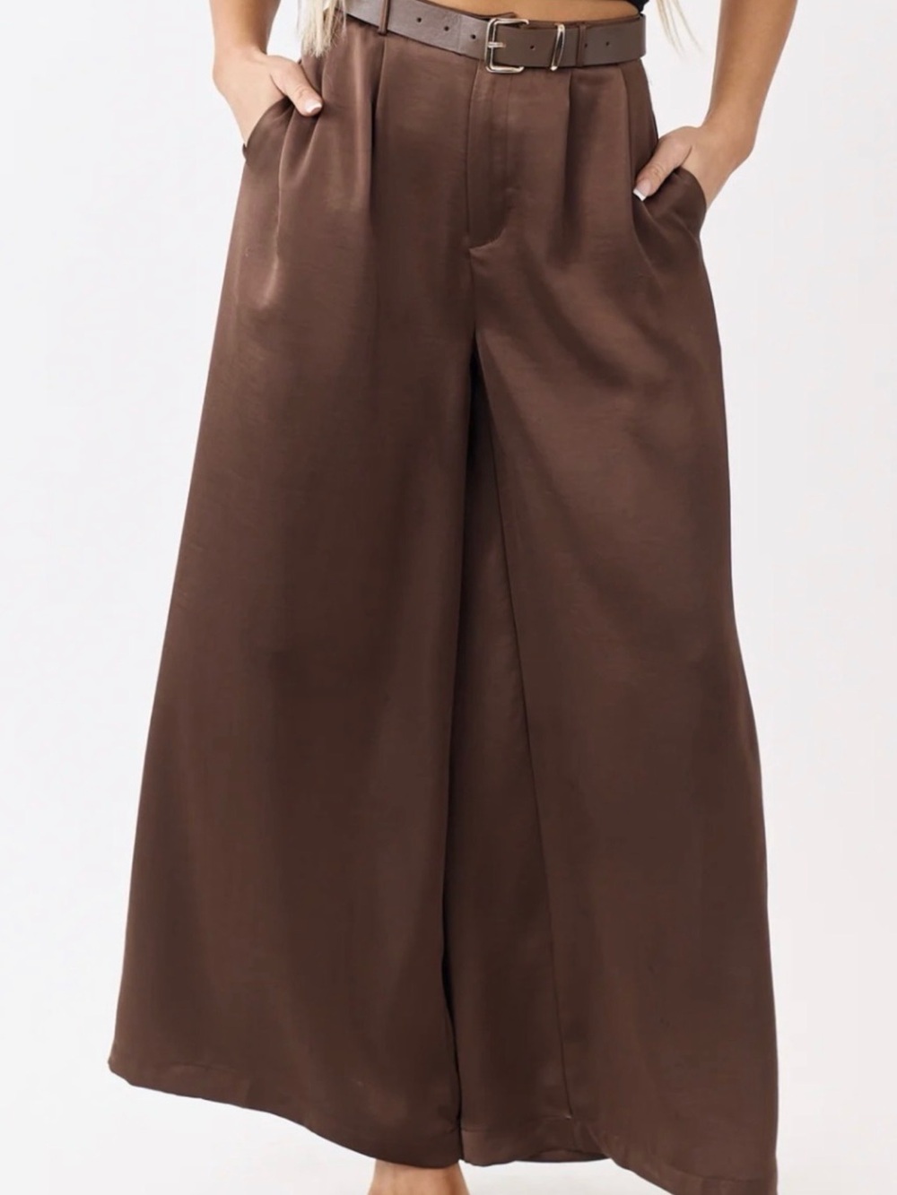 Mustard Seed Chocolate Brown Belted Wide Leg Pants